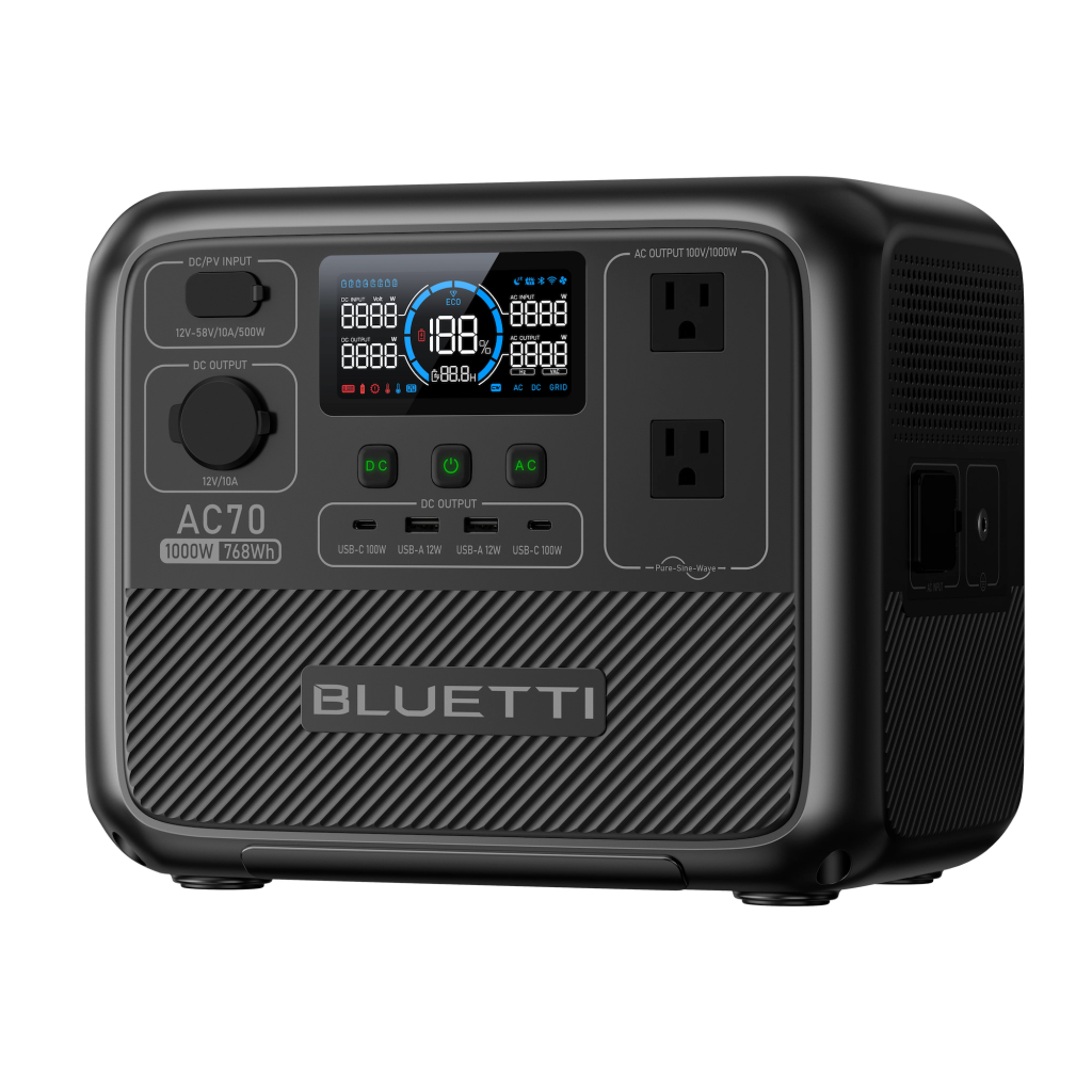Bluetti AC70 Portable Power Station with a digital display and multiple charging ports.