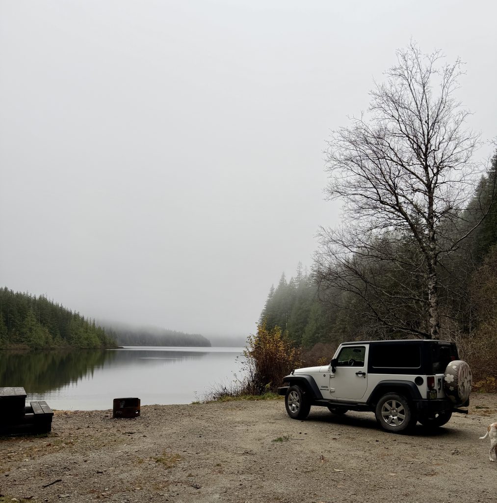 Jeep Wrangler at Stella Beach Recreation Site North of Campbell River, BC